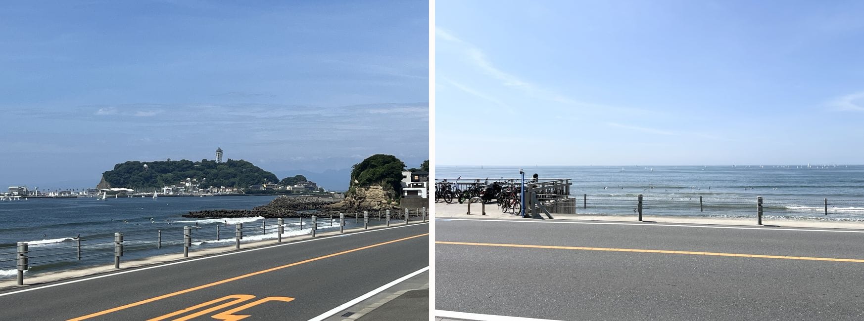 Enoshima island seen from the coast road, and the beach near Kamakurakokomae